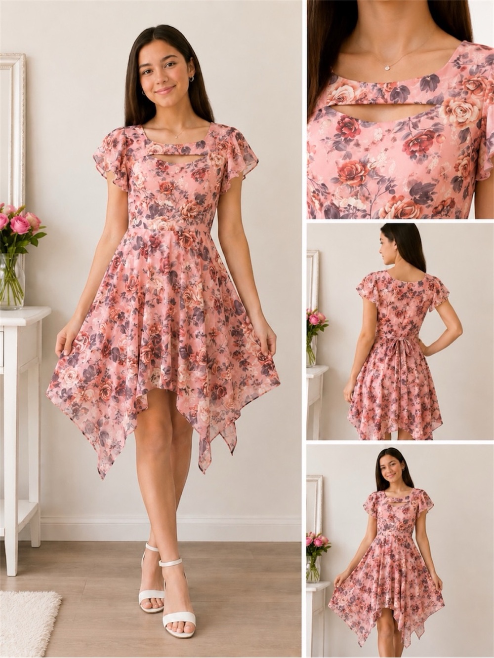 Xtraordinary Big Girls Floral High-Low Dress. Size 16- Peach Pink - NWT